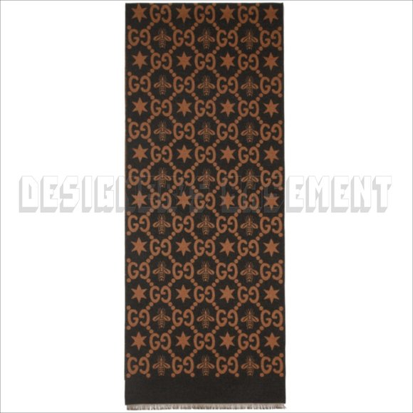 GUCCI brown & charcoal CONSTELLATION Bee GG Stars wool reversible long scarf NWT - Picture 6 of 10
